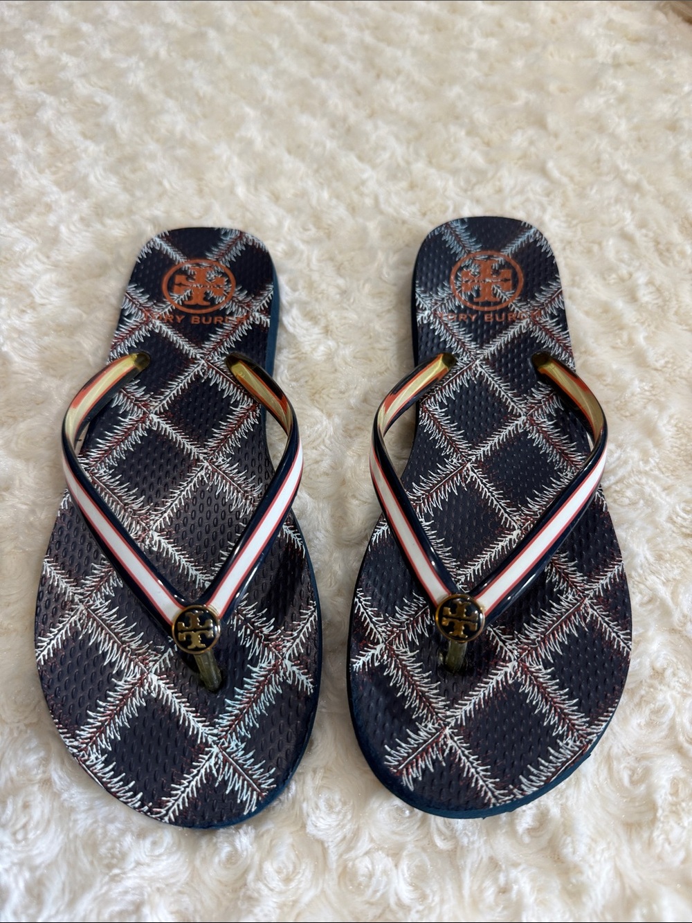 Tory Burch Navy Logo Flip Flop Sandals, sz 7, 2*